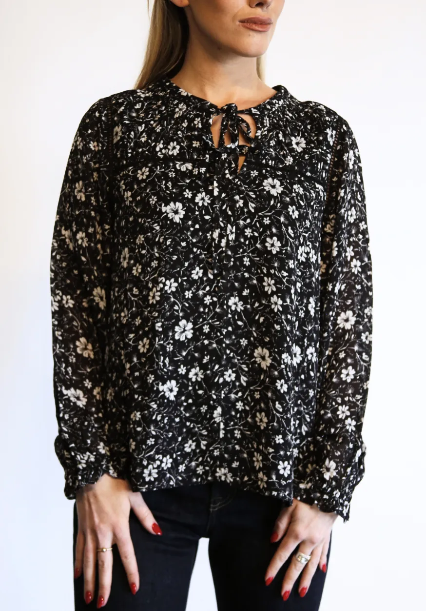 Annette Tie Blouse in Black & White Floral
