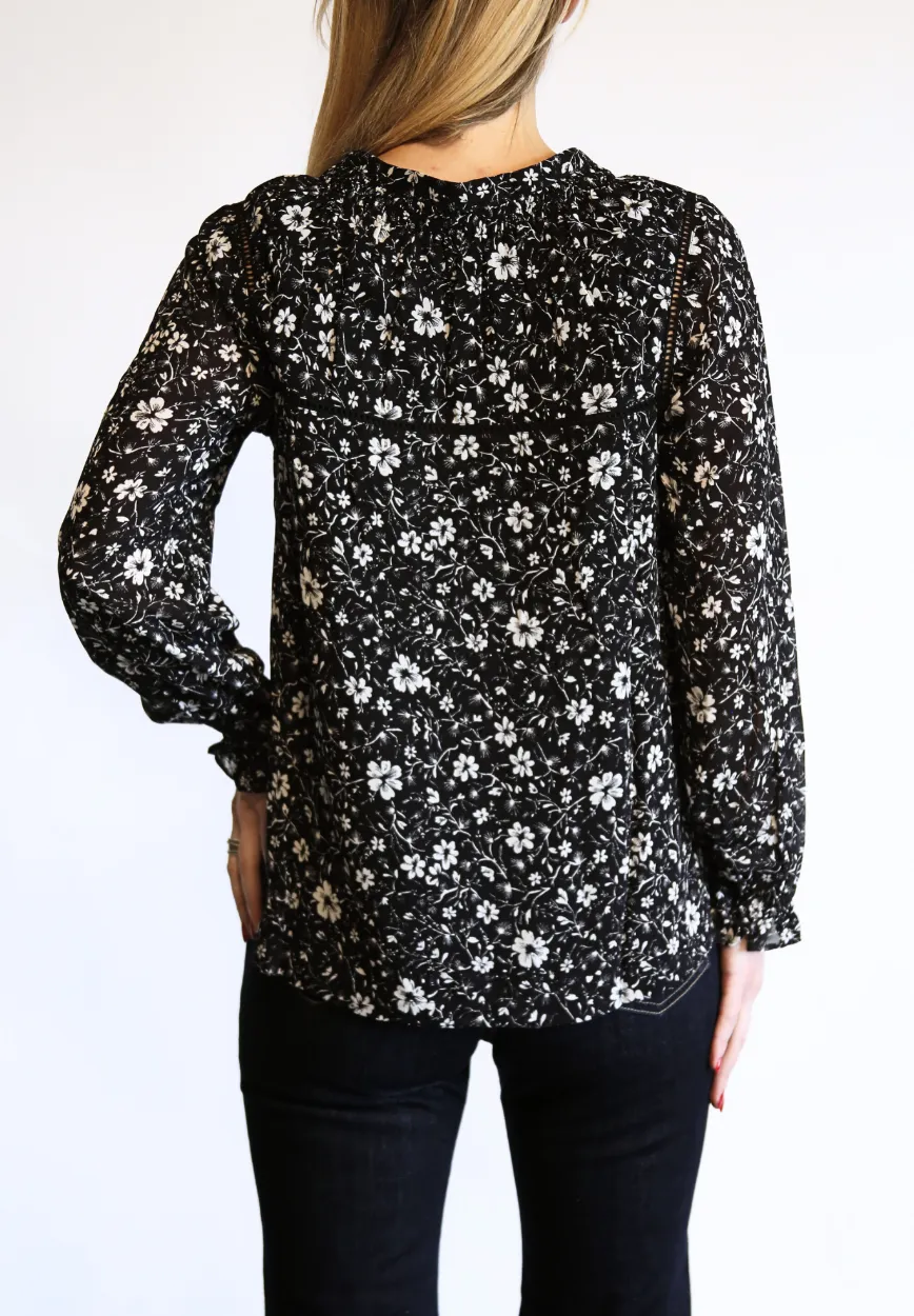 Annette Tie Blouse in Black & White Floral