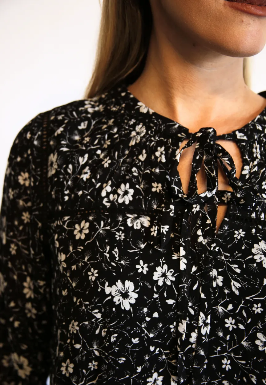 Annette Tie Blouse in Black & White Floral