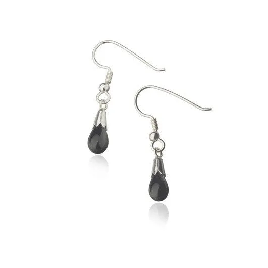 Black lava tear earrings - Silver wire