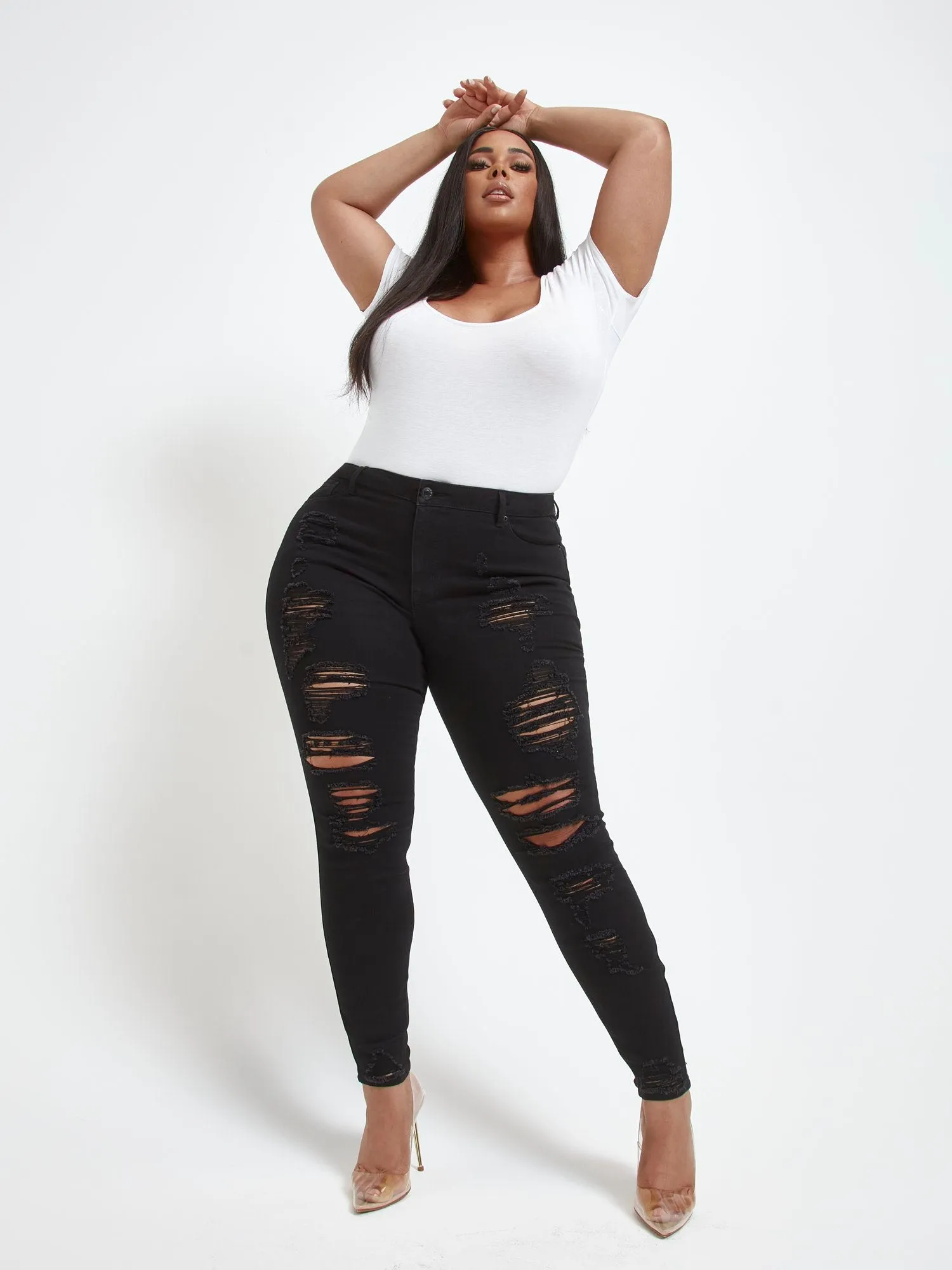 Black Mid-Rise All Over Destructed Skinny Jeans - Short Inseam