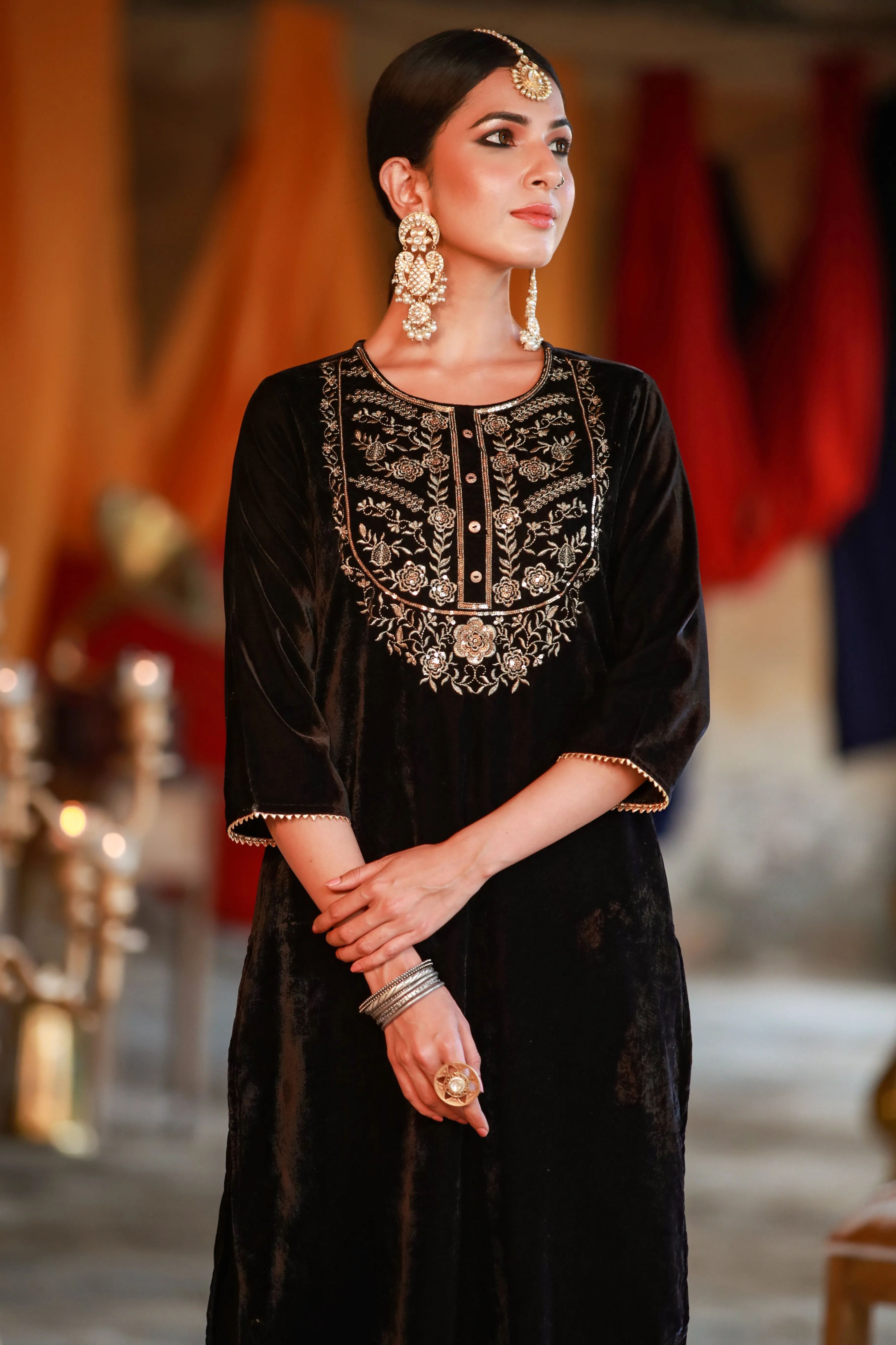 Black Velvet Embroidered Straight Kurta & Pants Set