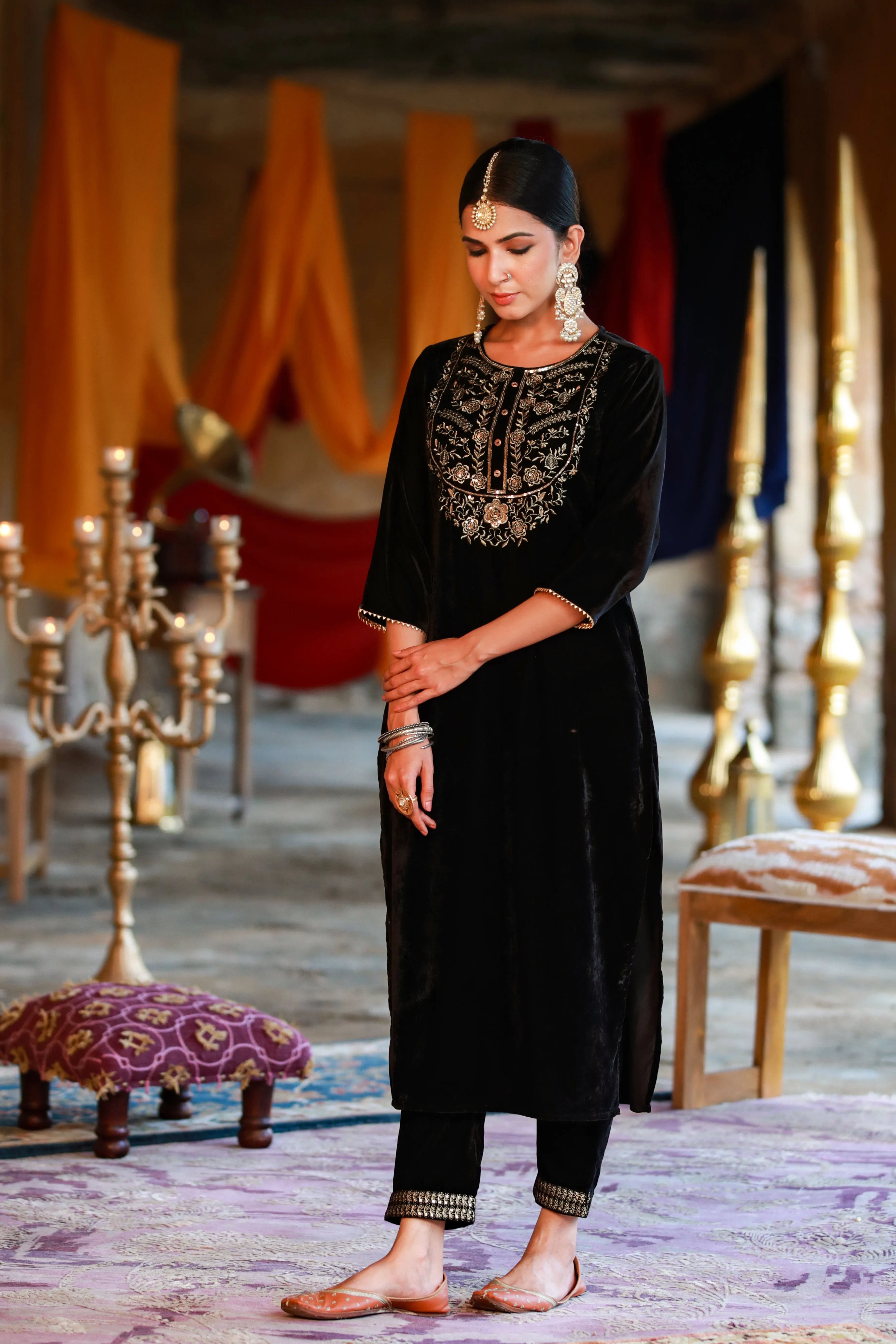 Black Velvet Embroidered Straight Kurta & Pants Set