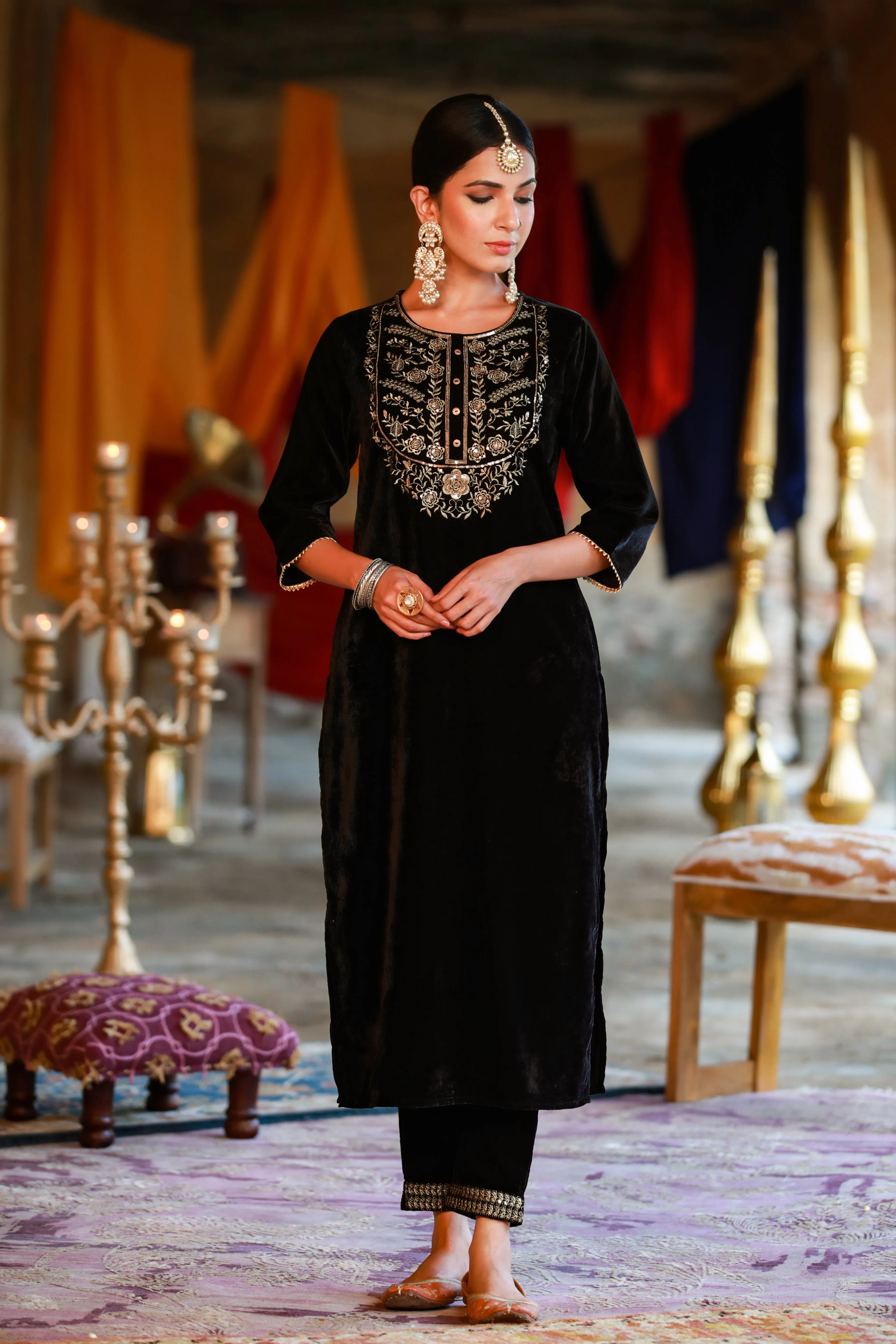Black Velvet Embroidered Straight Kurta & Pants Set