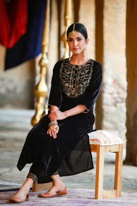 Black Velvet Embroidered Straight Kurta & Pants Set