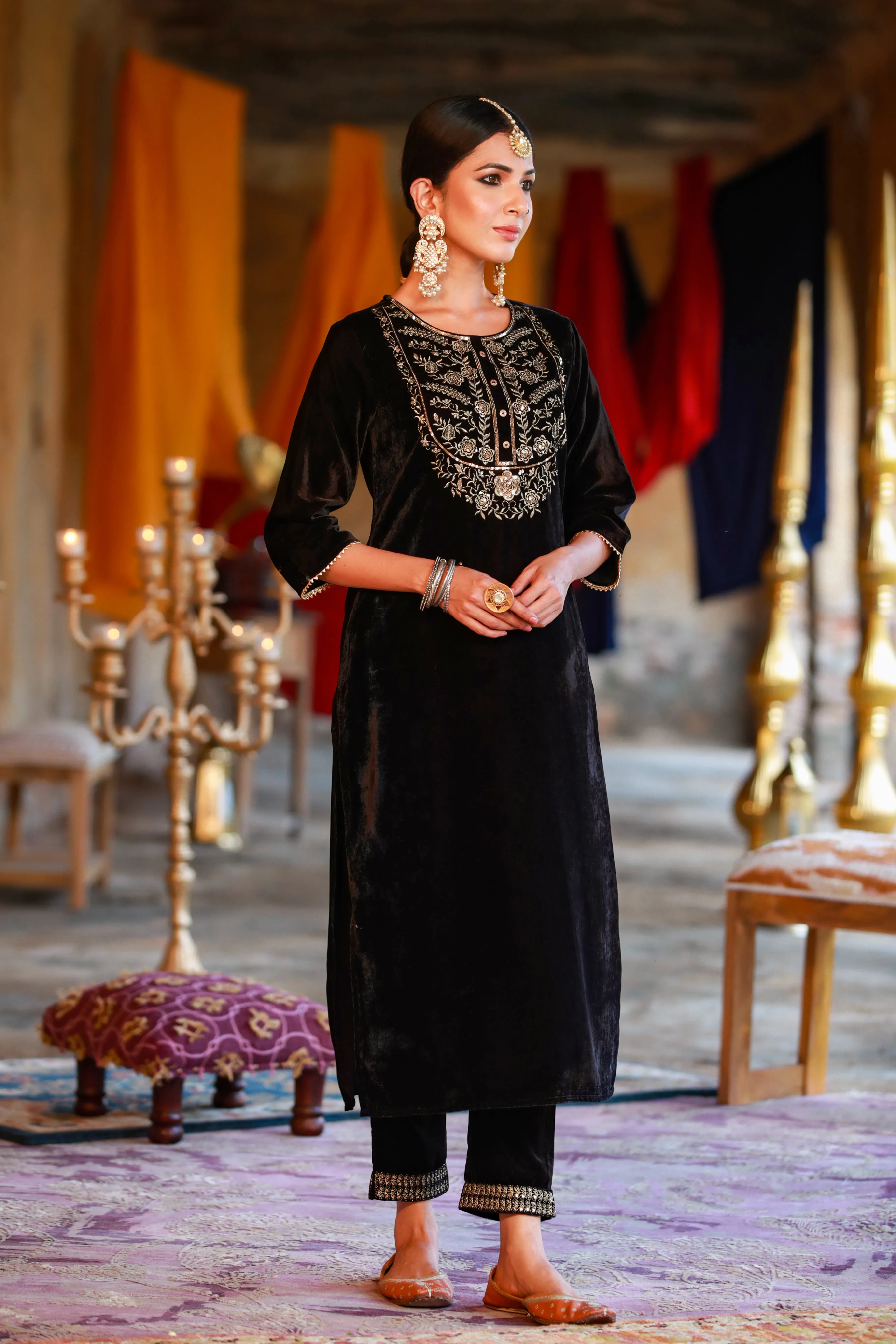 Black Velvet Embroidered Straight Kurta & Pants Set