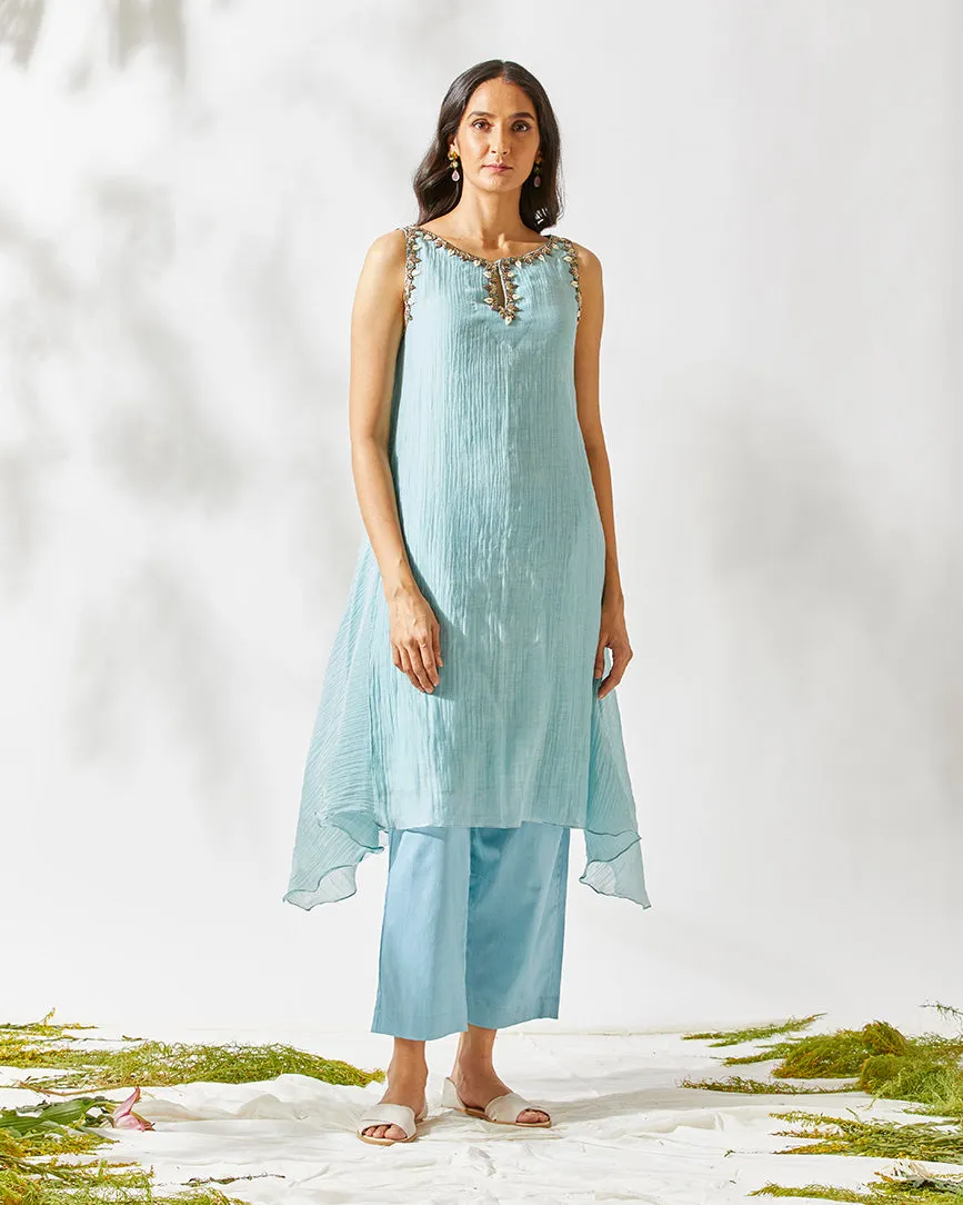 BLUE DAISY EMBELLISHED ASYMMETRICAL TUNIC