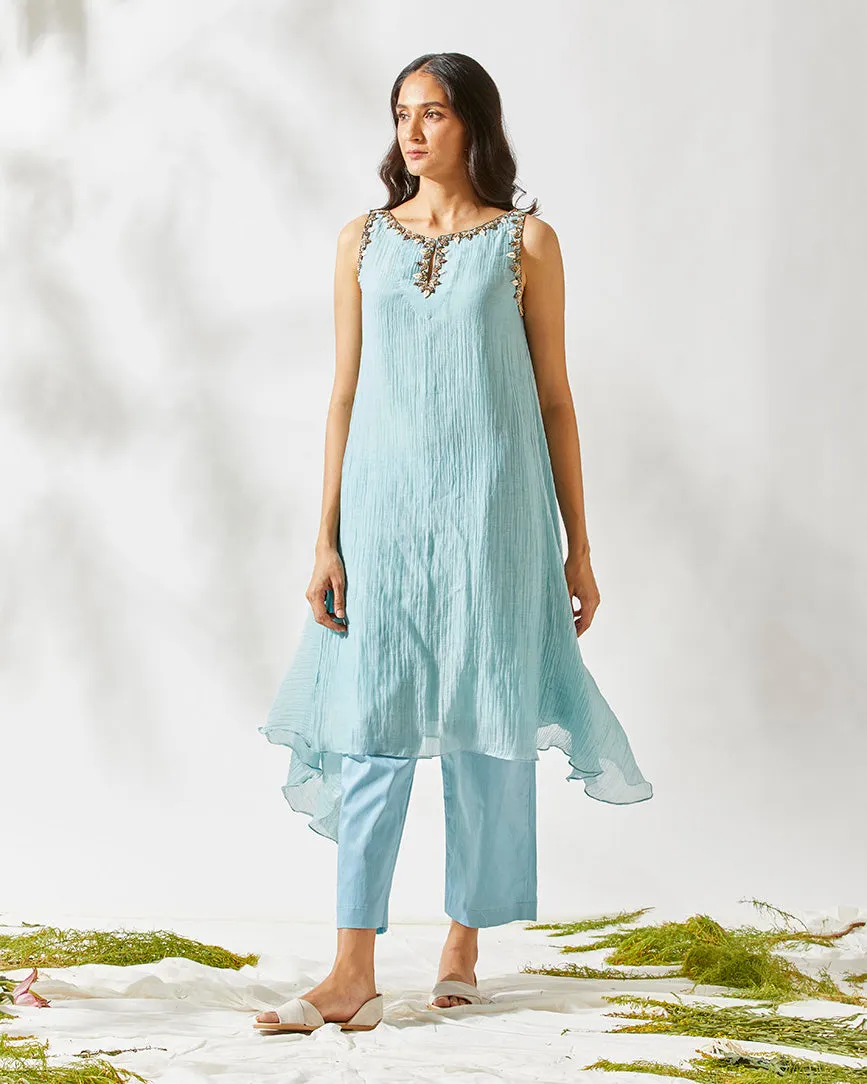 BLUE DAISY EMBELLISHED ASYMMETRICAL TUNIC