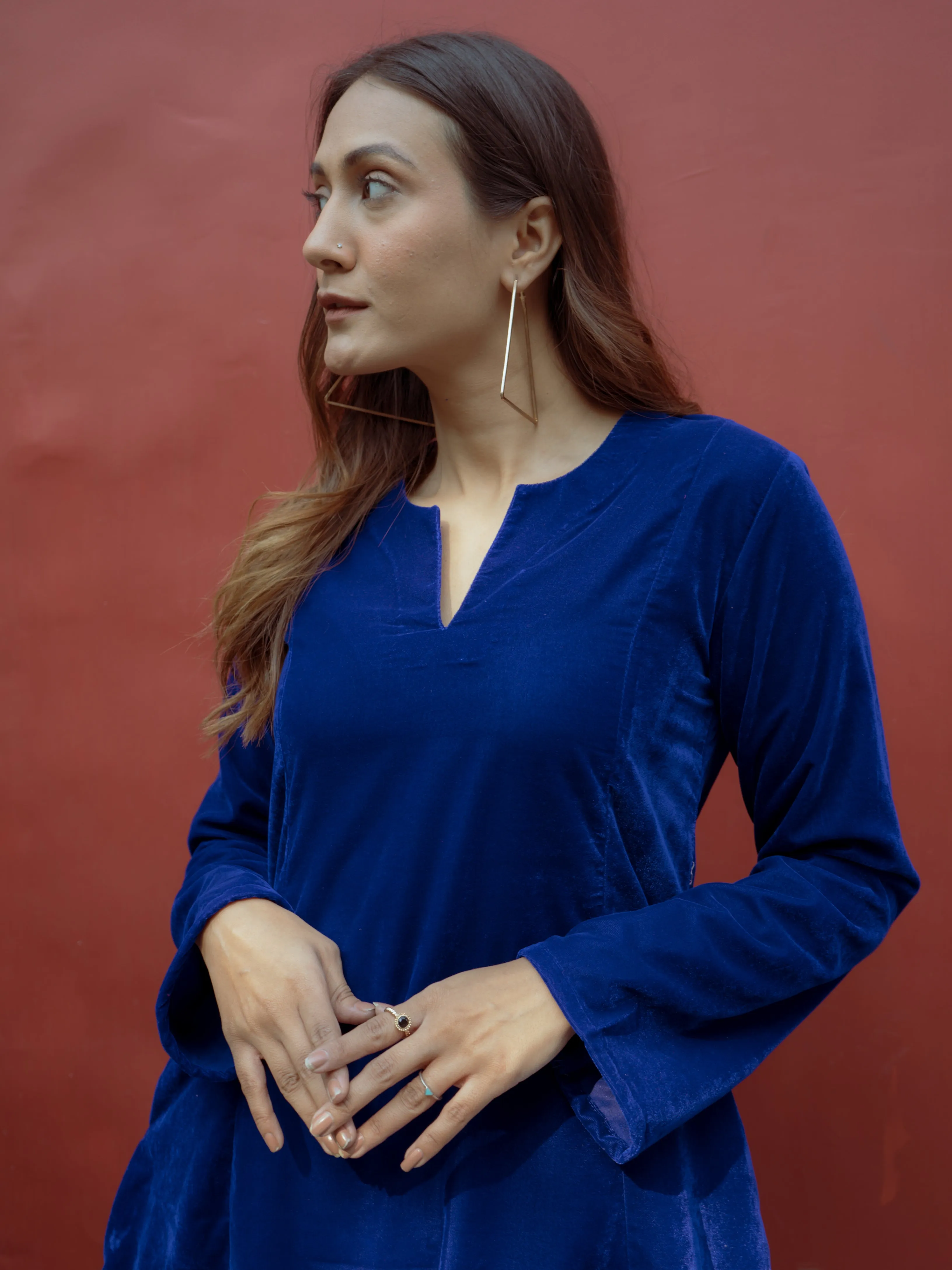 Blue Solid Velvet Co-Ord Set