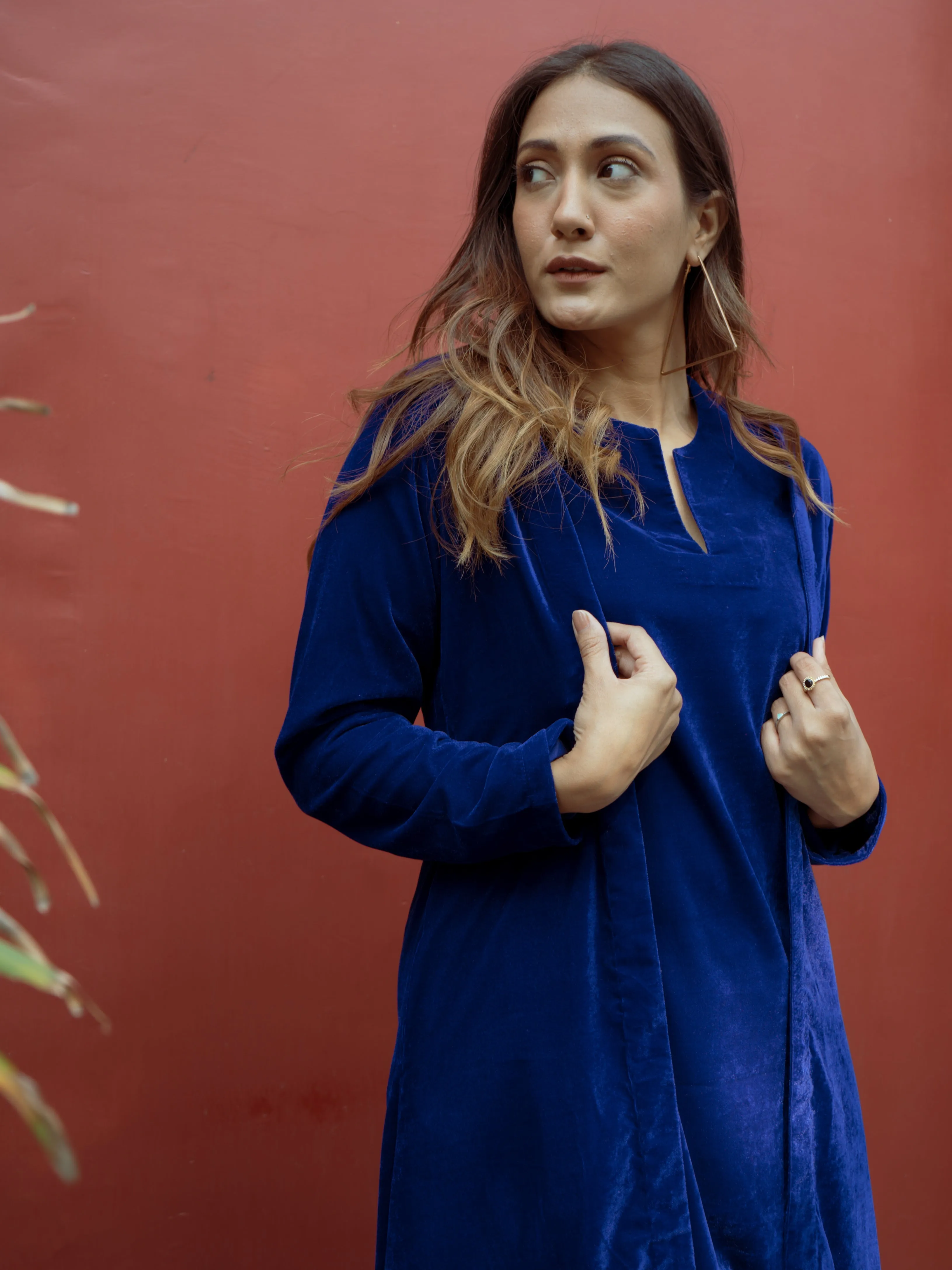 Blue Solid Velvet Co-Ord Set