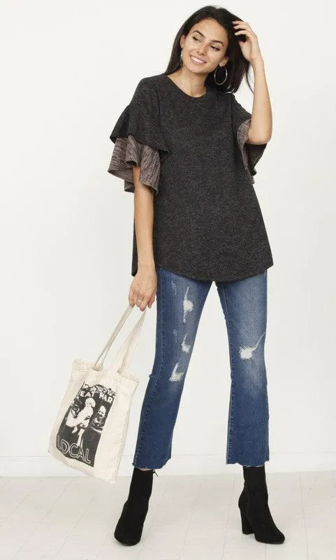 Color Block Sleeve Ruffle Knit Top