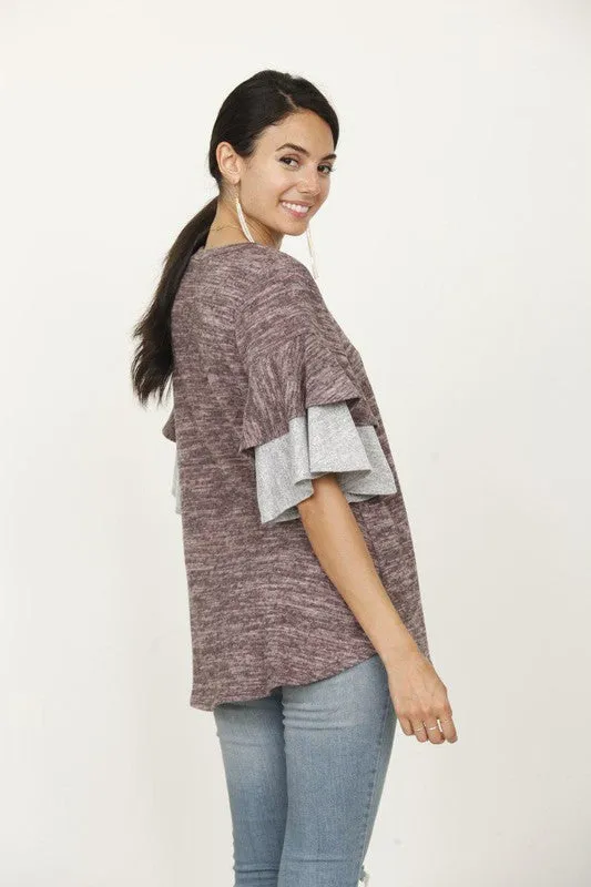 Color Block Sleeve Ruffle Knit Top