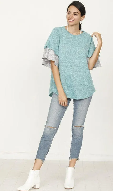 Color Block Sleeve Ruffle Knit Top