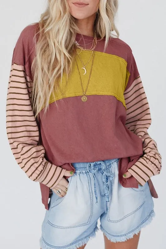 Color Block Stripe Lantern Sleeve Side Slit Tunic