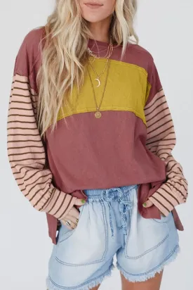 Color Block Stripe Lantern Sleeve Side Slit Tunic