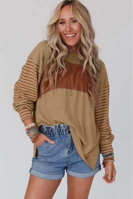 Color Block Stripe Lantern Sleeve Side Slit Tunic