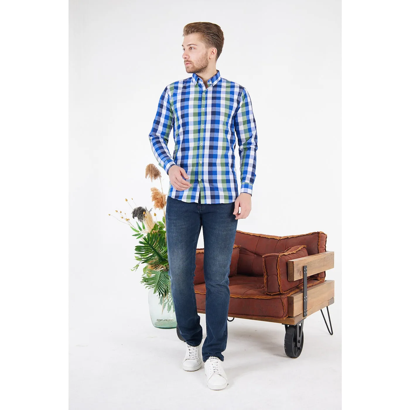 Cotton Blue Gingham Check Shirt