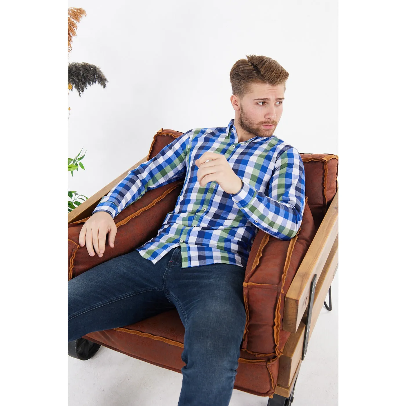 Cotton Blue Gingham Check Shirt