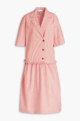 Cotton poplin midi shirtdress with shirred stripes GANNI, orange