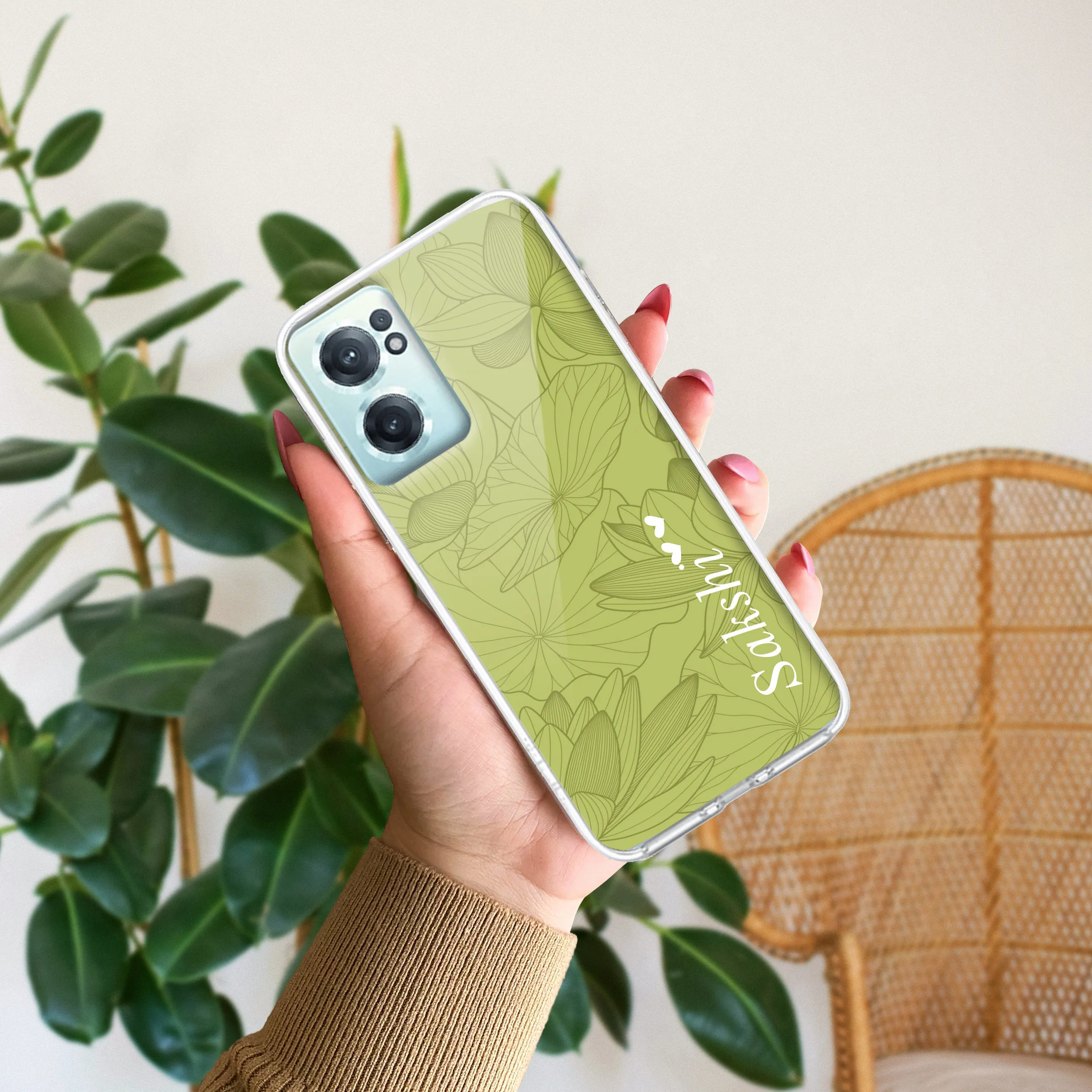 Customized luxury Mint Green leaves Transparent Silicon Case For OnePlus