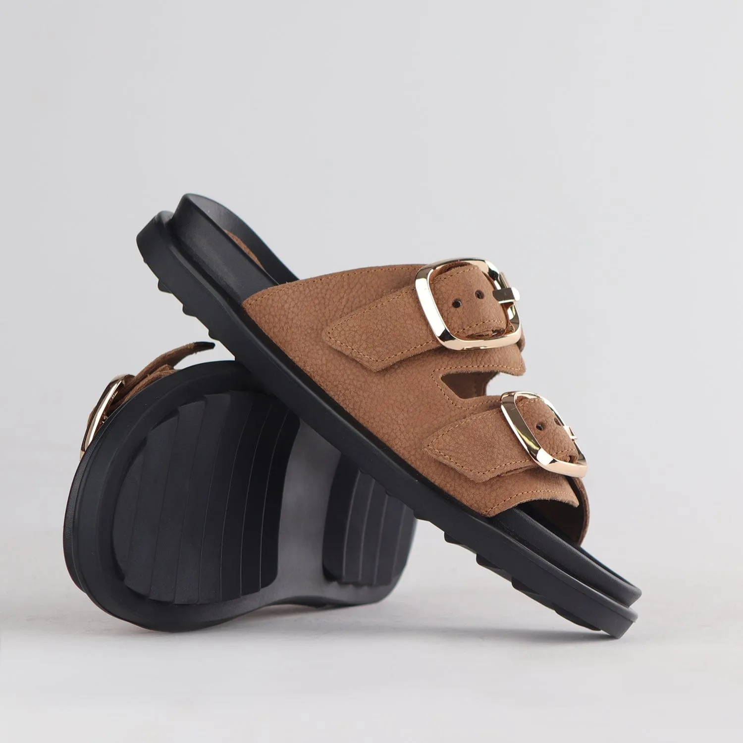 Double Buckle Mules in Tobacco - 12681