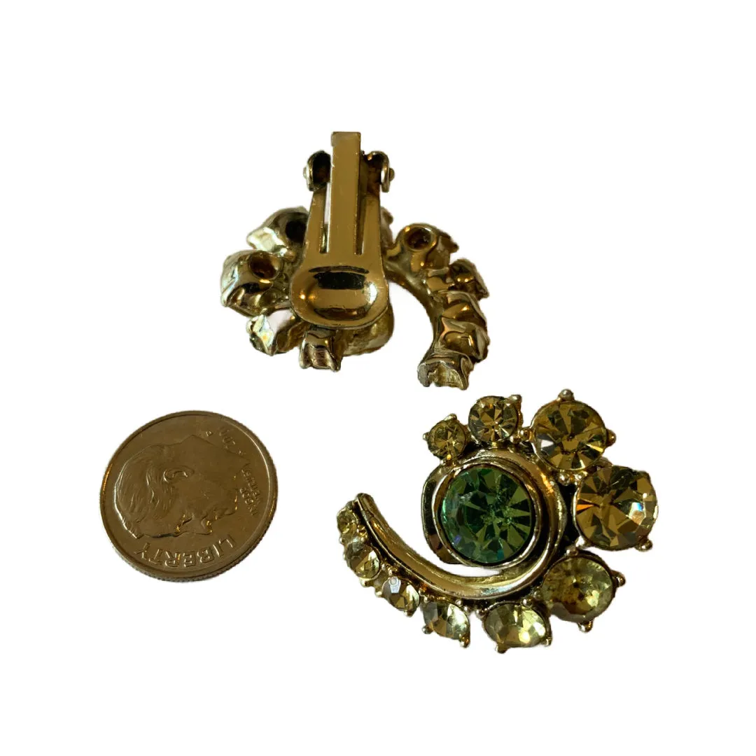 Electric Lime Rhinestone Swirl Clip Earrings circa 1950s