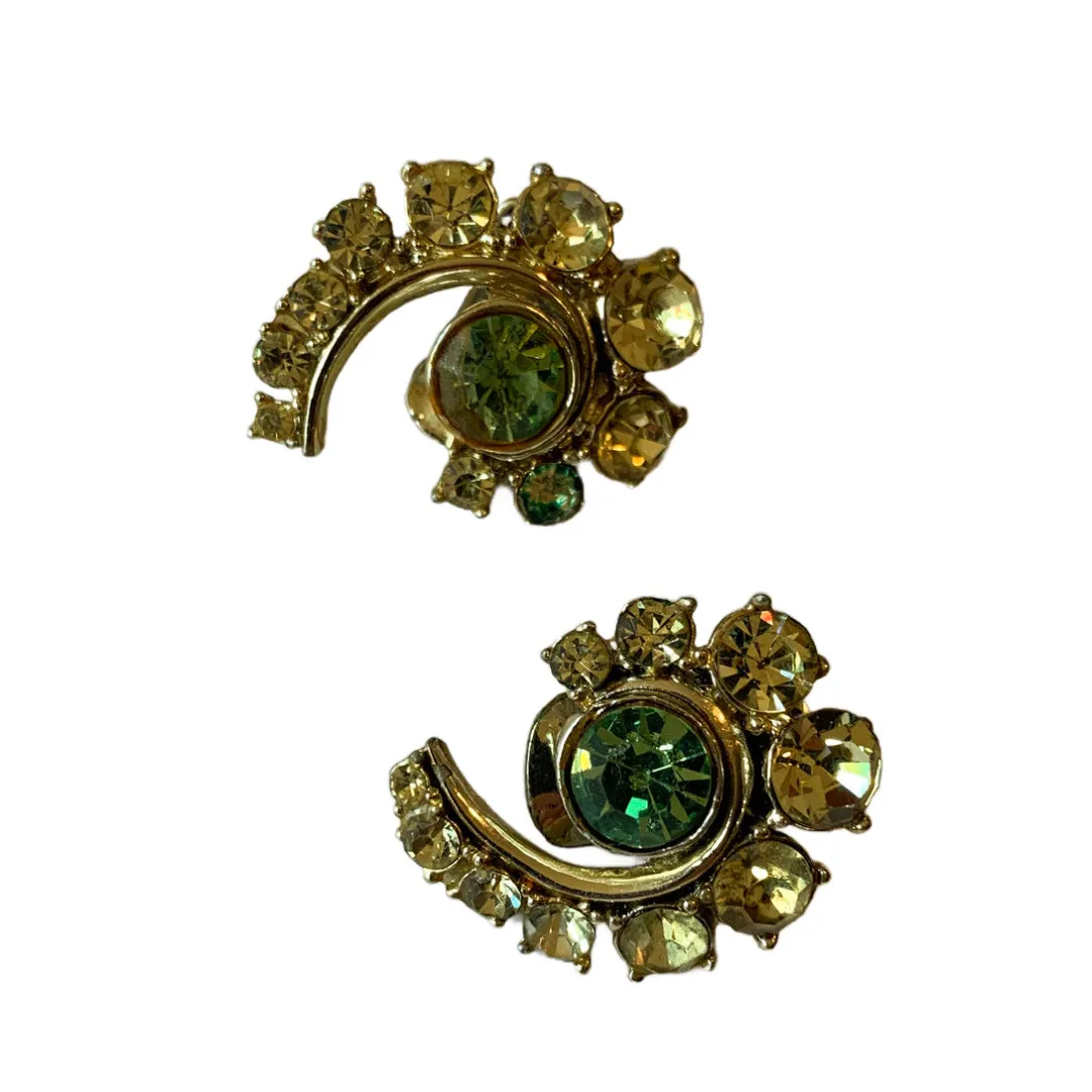 Electric Lime Rhinestone Swirl Clip Earrings circa 1950s