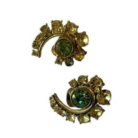 Electric Lime Rhinestone Swirl Clip Earrings circa 1950s