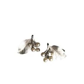 Faux Pearl and Silver Tone Leaf Clip Earrings circa 1940s