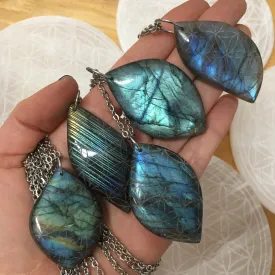 FLASH SALE Large, Flashy Labradorite Pendant Necklace or Cabochon Etched with Flower of Life Sacred Geometry