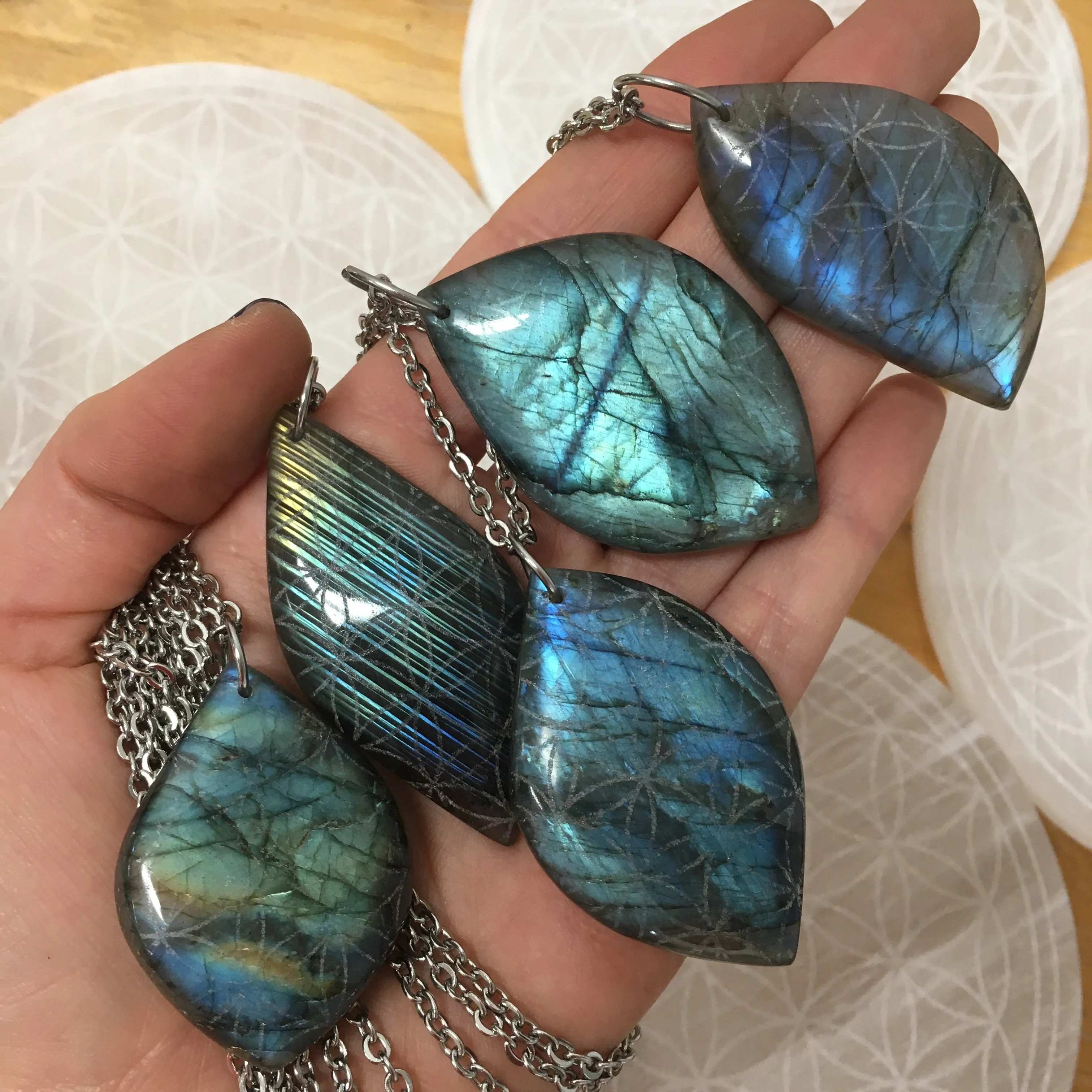 FLASH SALE Large, Flashy Labradorite Pendant Necklace or Cabochon Etched with Flower of Life Sacred Geometry