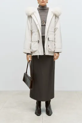 Fur Trimmed Short Parka Off White
