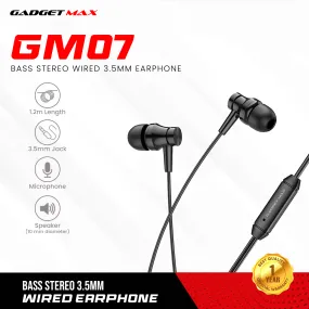 GADGET MAX GM07 BASS STEREO WIRED 3.5MM EARPHONE WITH MIC (1.2M) Wired Earphone - BLACK