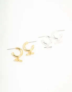 Gift Gold & Silver Plated Classic T Bar Hoop Earrings 2-Pack