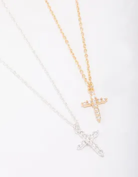 Gold & Silver Plated Cross Cubic Zirconia Pendant Necklace