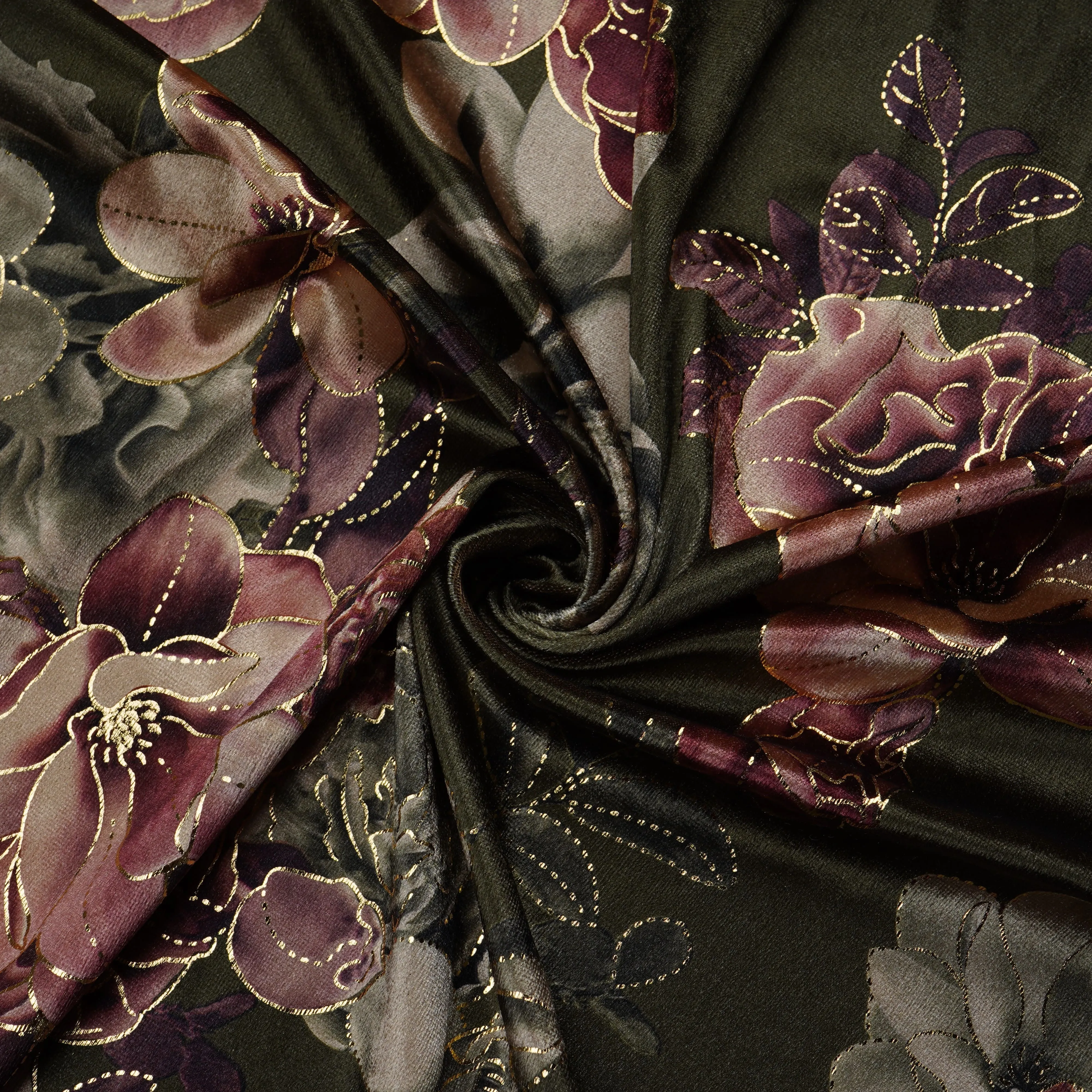 Green Floral Print Velvet Silk Fabric 20400