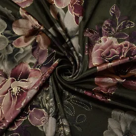 Green Floral Print Velvet Silk Fabric 20400