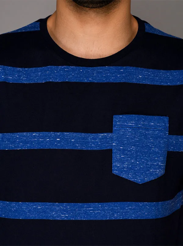 Greenfibre Blue Striped Slim Fit Round Neck T-Shirt