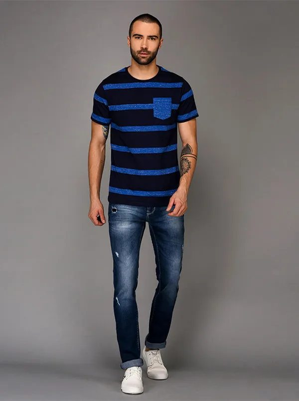 Greenfibre Blue Striped Slim Fit Round Neck T-Shirt