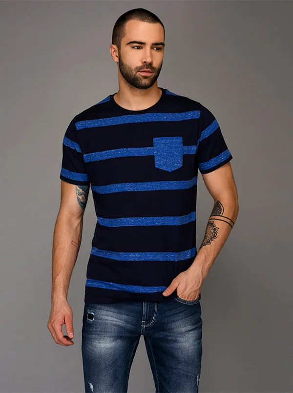 Greenfibre Blue Striped Slim Fit Round Neck T-Shirt