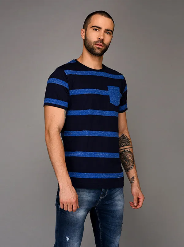 Greenfibre Blue Striped Slim Fit Round Neck T-Shirt