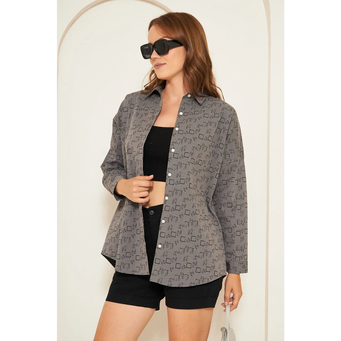 Grey Printed Oversized Shirt