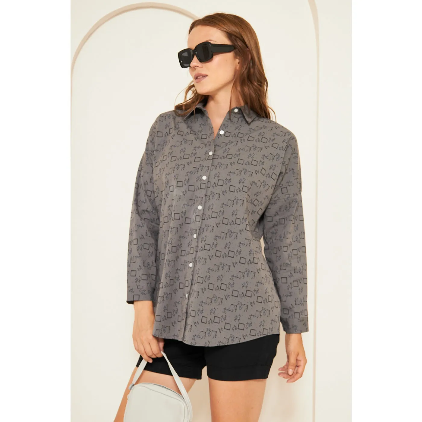 Grey Printed Oversized Shirt