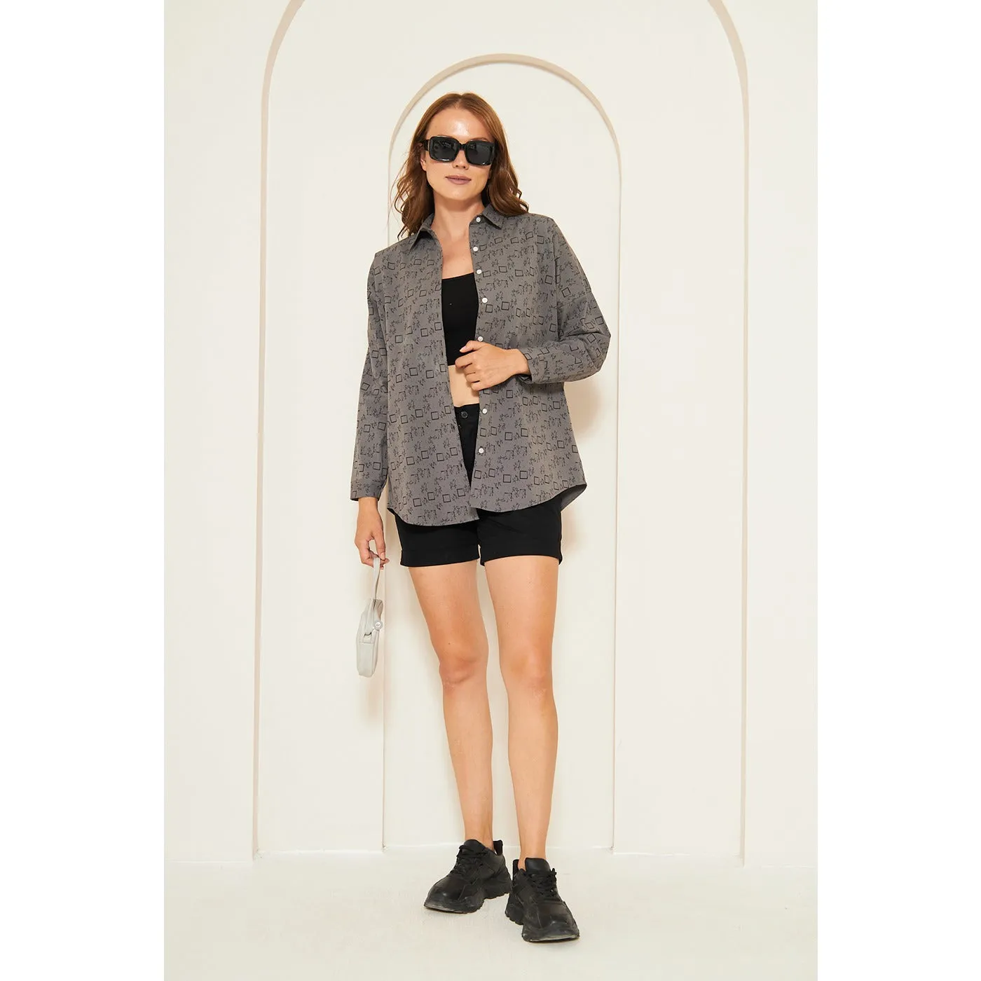 Grey Printed Oversized Shirt