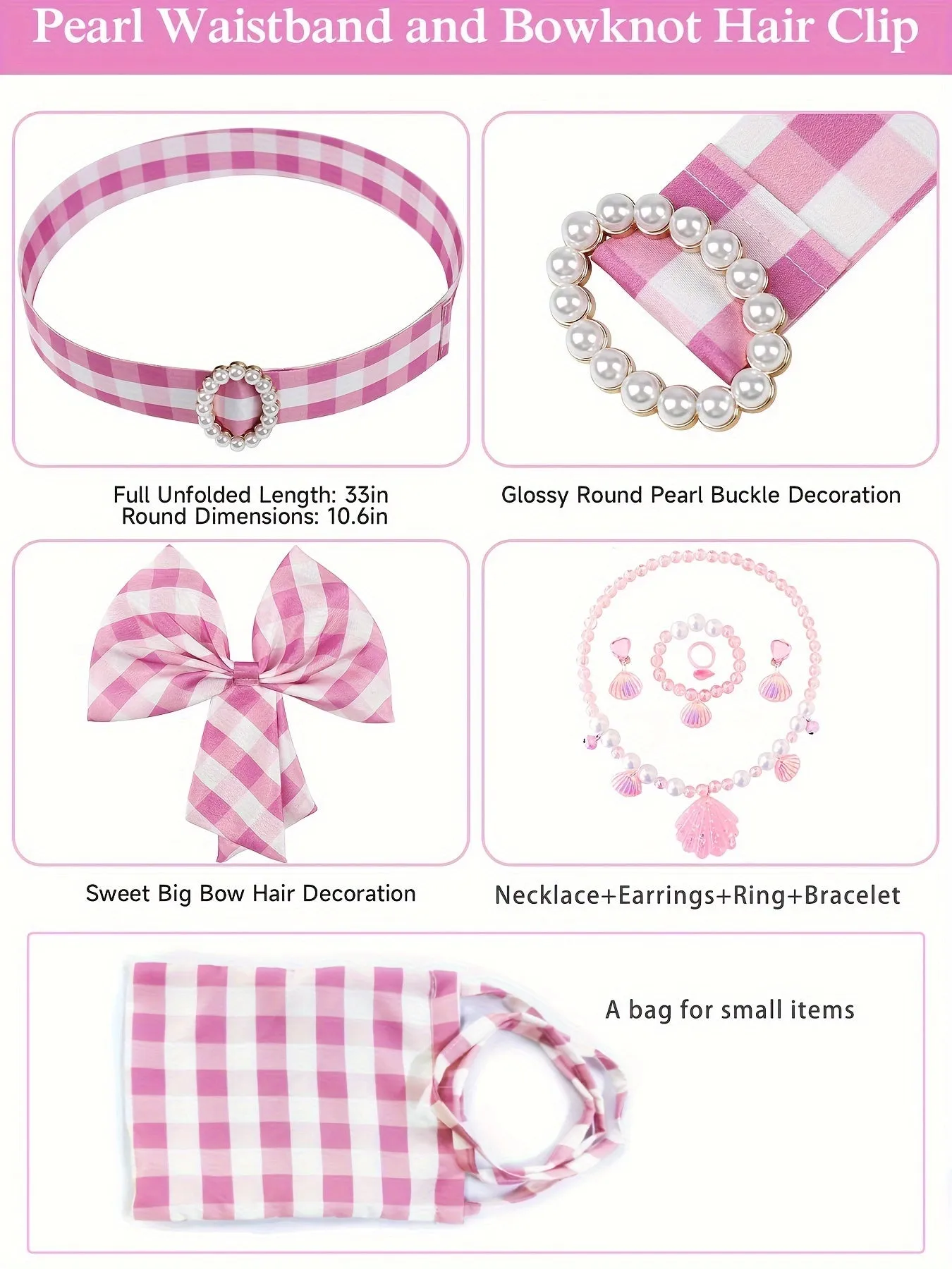 Knee-High Pink Plaid Girls Dress with Belt, Headwear, Backpack, and Jewelry - Cute Slingback Design, Non-Stretch Polyester Fabric, Flared Hem, Woven, Spring/Summer Wear