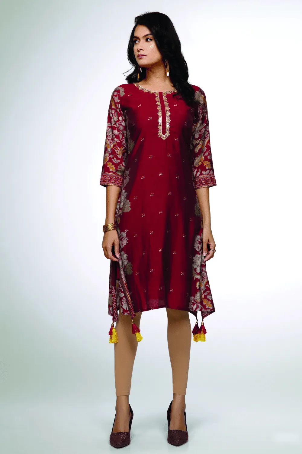 Maroon Mirror, Sequins and Zari work with Digital Print Knee Length Kurti