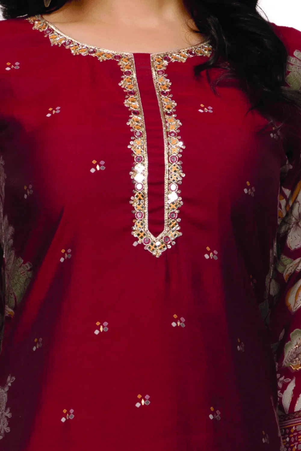 Maroon Mirror, Sequins and Zari work with Digital Print Knee Length Kurti