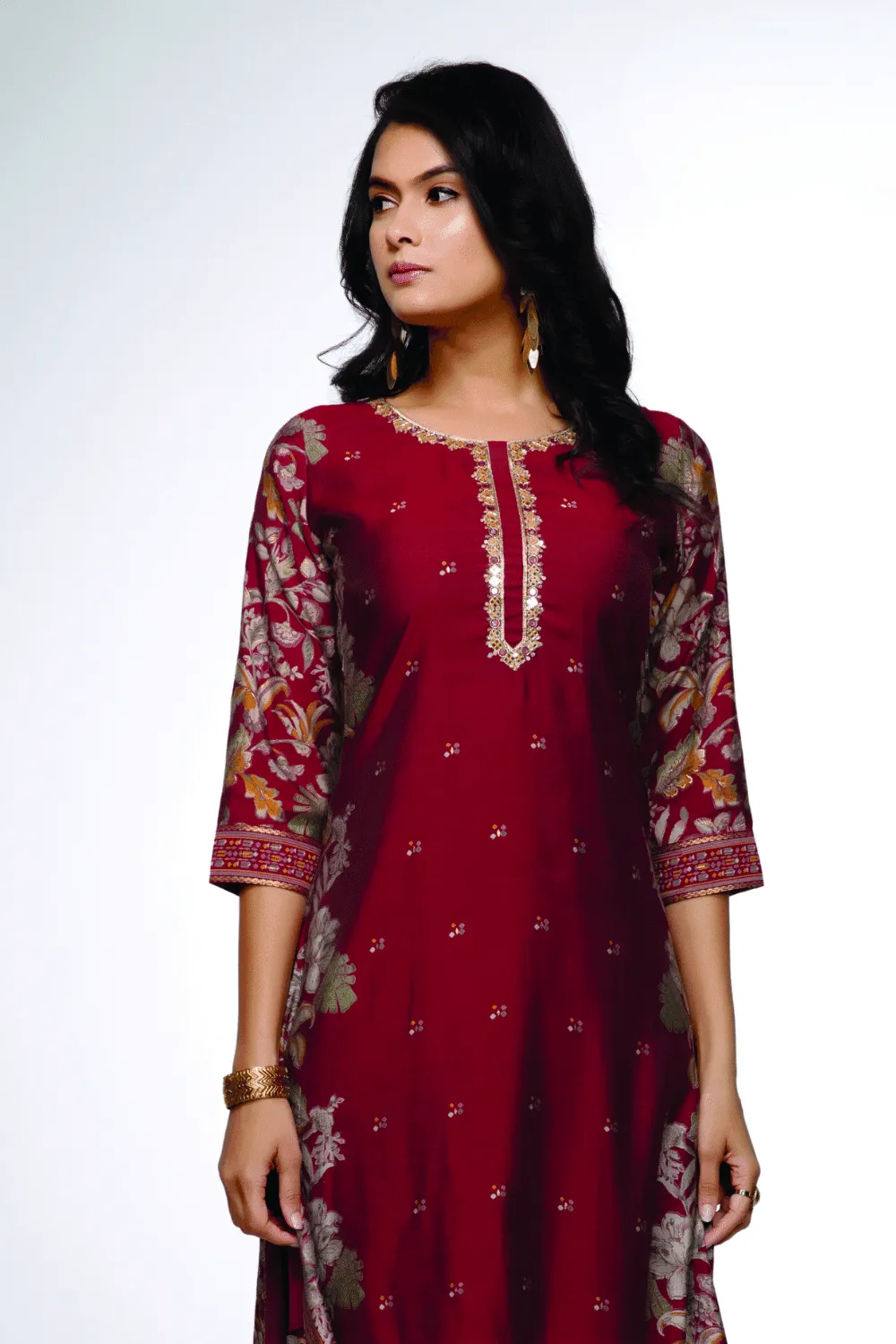 Maroon Mirror, Sequins and Zari work with Digital Print Knee Length Kurti