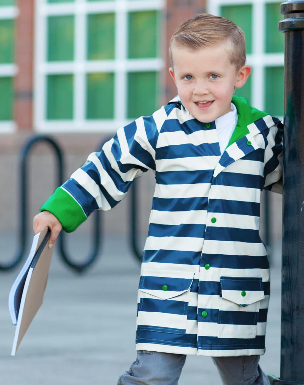 OAKIWEAR CHILDREN’S RAIN JACKET W/ SOFT LINING & EASY ON SNAPS, BLUE & WHITE STRIPES