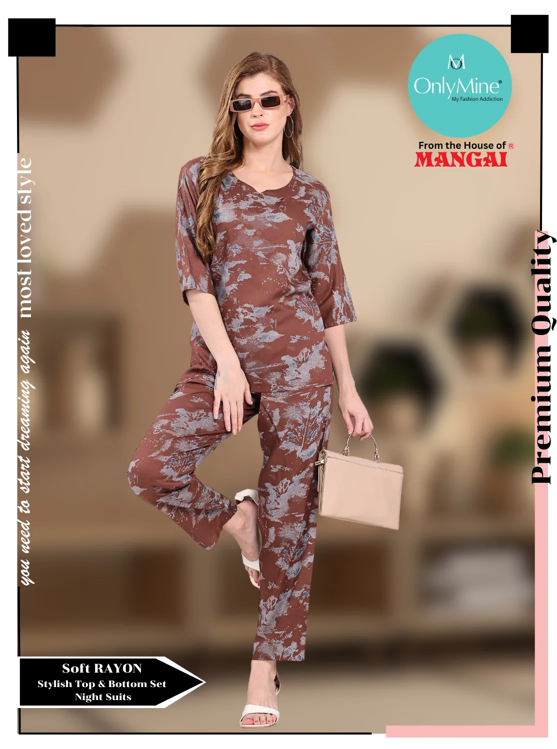 ONLY MINE Premium RAYON Printed Stylish V-Cut Neck Model Night Suits | Stylish Print's All Over | Top & Bottom Set | 3/4 Sleeve| U-Cut Neck | Trendy Night Suits for Stylish Women's (SNS)